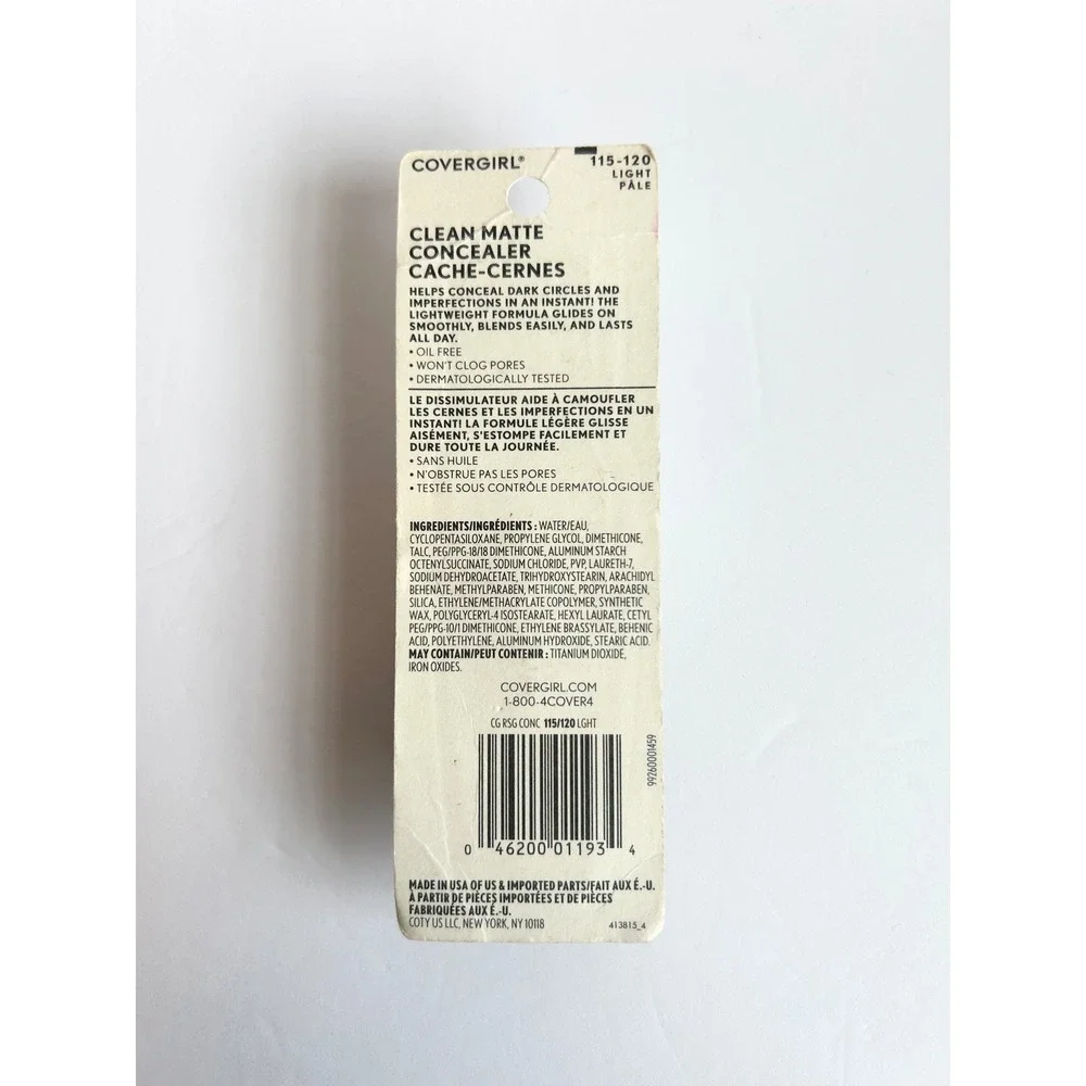Covergirl Clean Matte Concealer 115-120 Light Pale Oil Free 11ml 0.37 fl oz New